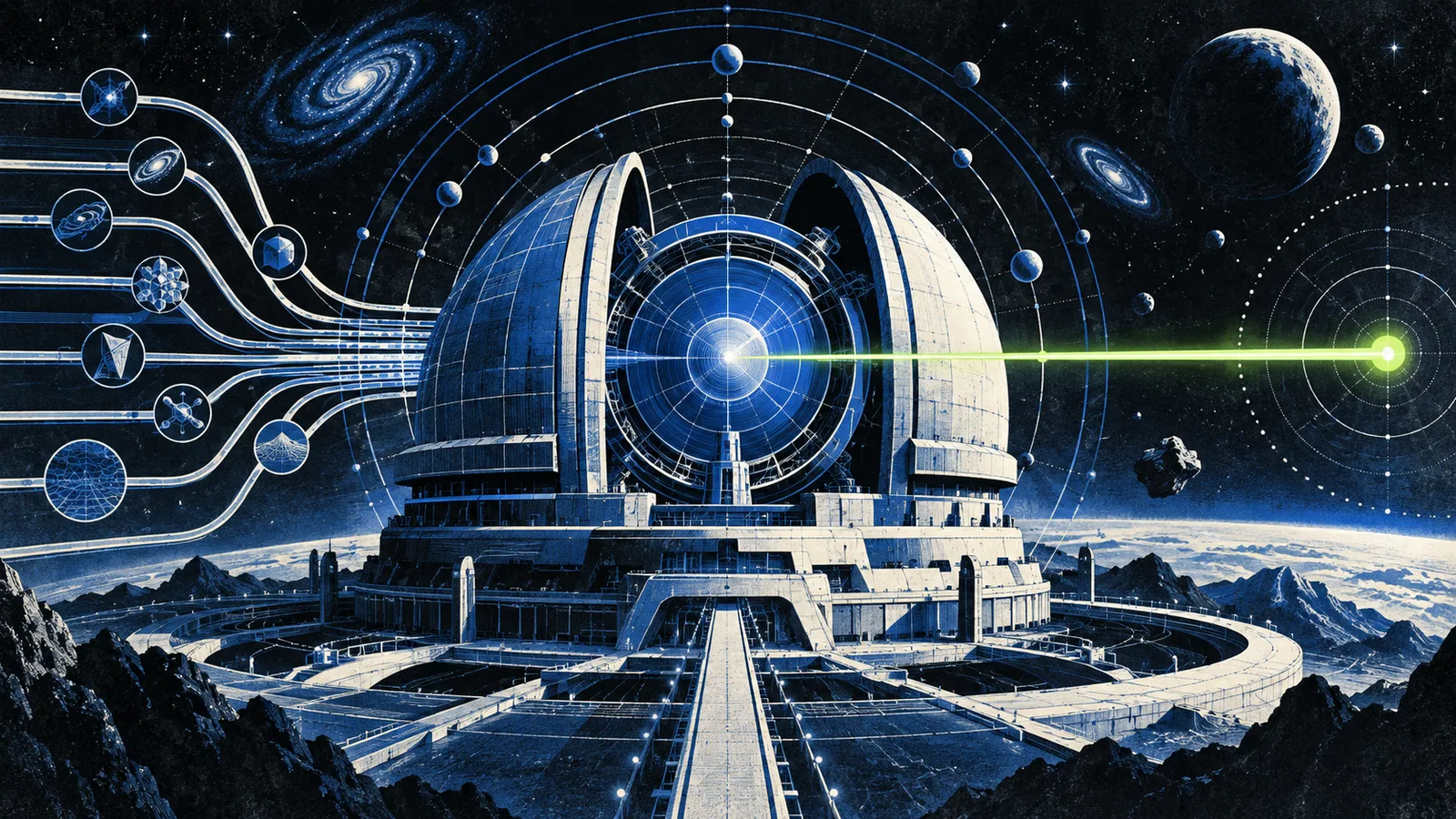 Abstract cobalt observatory mapping a long context arc, tool nodes, and a verified output path