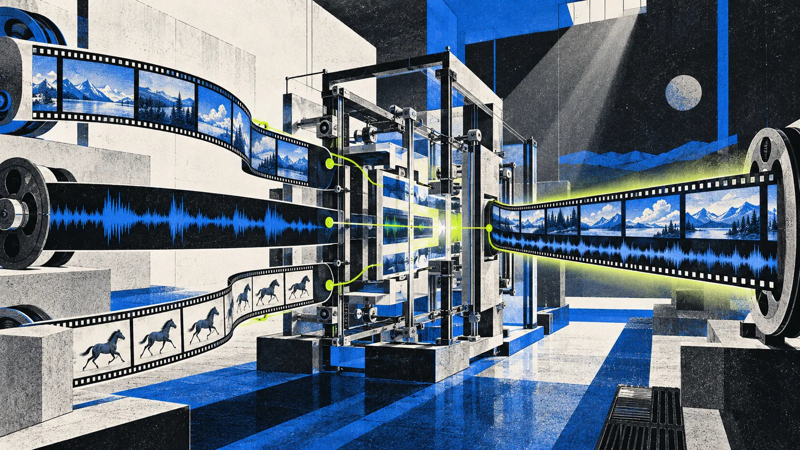Editorial film laboratory where image, sound, and motion streams converge into a single video ribbon
