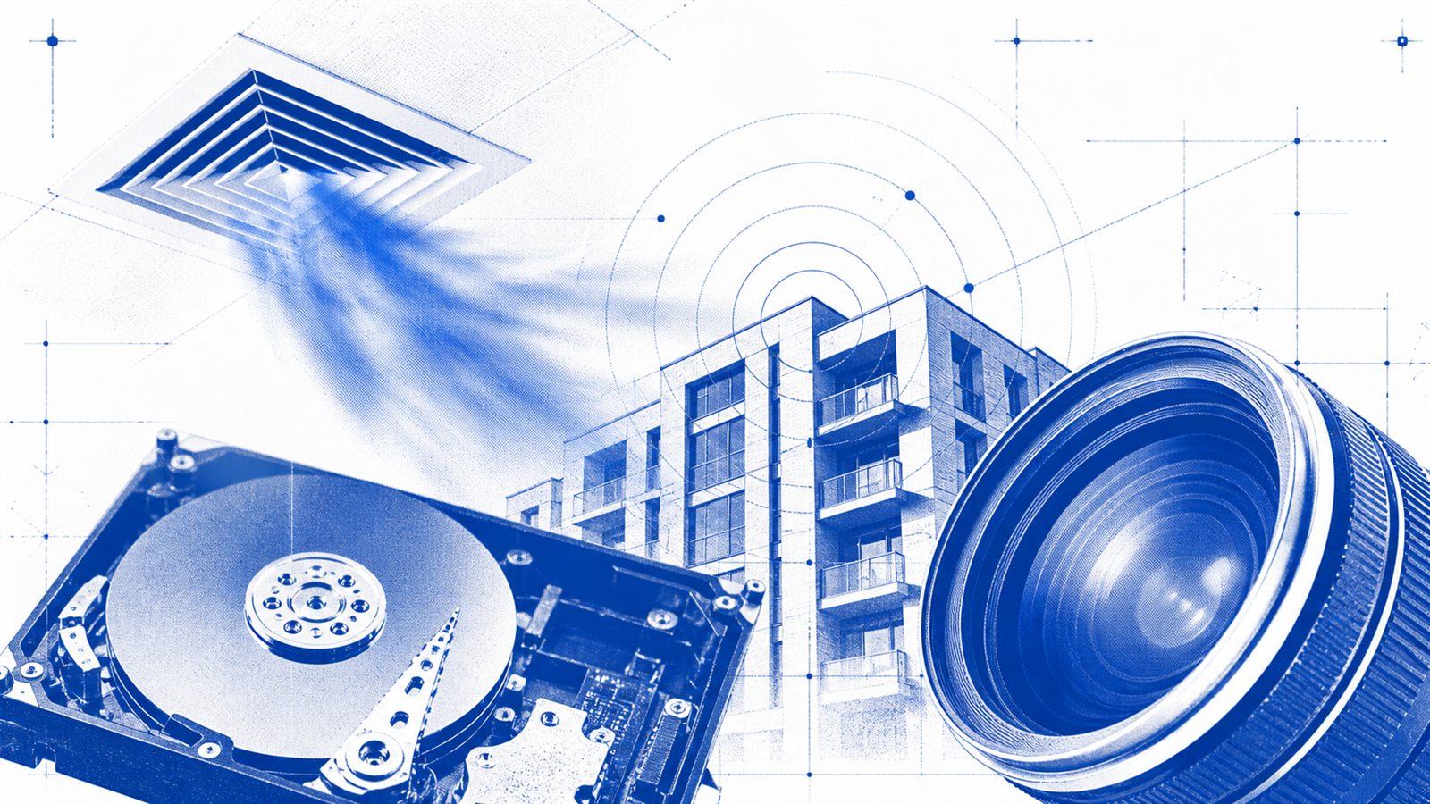 Cobalt technical collage of an air vent, apartment network, hard drive, and camera lens