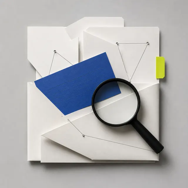Paper project files, cobalt folders, and an inspection loupe connected as a workflow