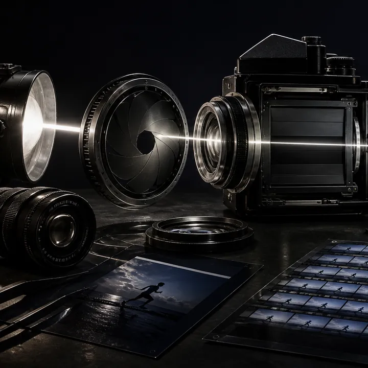 Camera, aperture, shutter, focus plane, motion strip, and color target connected by light