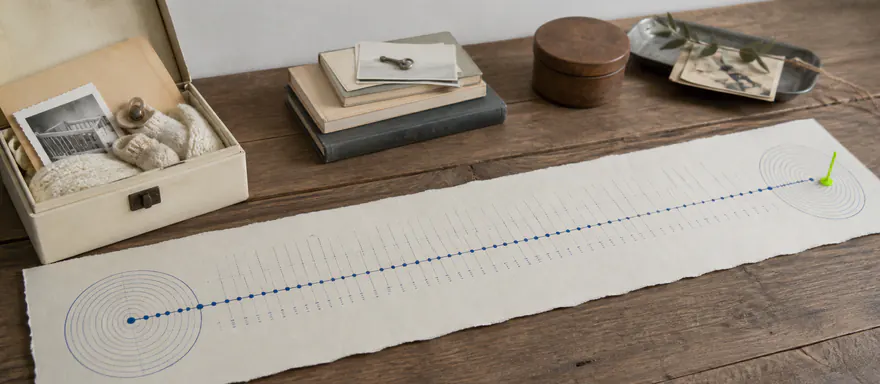 Birth keepsake box connected to a long life timeline ending at a present-day marker
