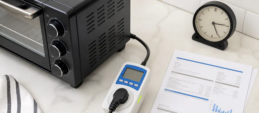 Countertop appliance connected through a power meter beside a clock and electricity bill