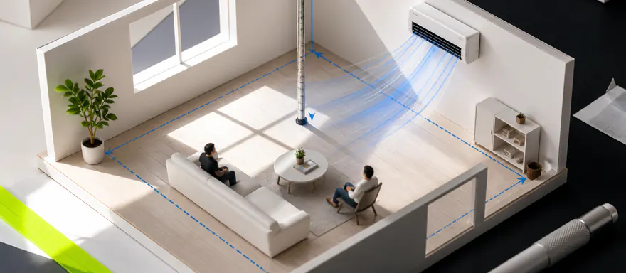 Miniature room showing measured floor area, ceiling height, sunlight, occupants, and air-conditioner airflow