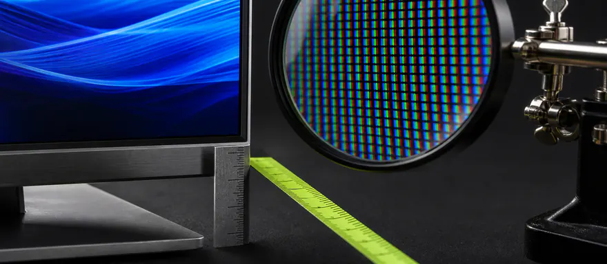 Monitor, diagonal measure, and magnifying lens revealing the physical RGB pixel matrix