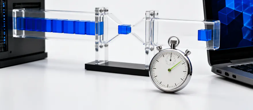 Cobalt data blocks moving through a narrow transparent network conduit beside a stopwatch