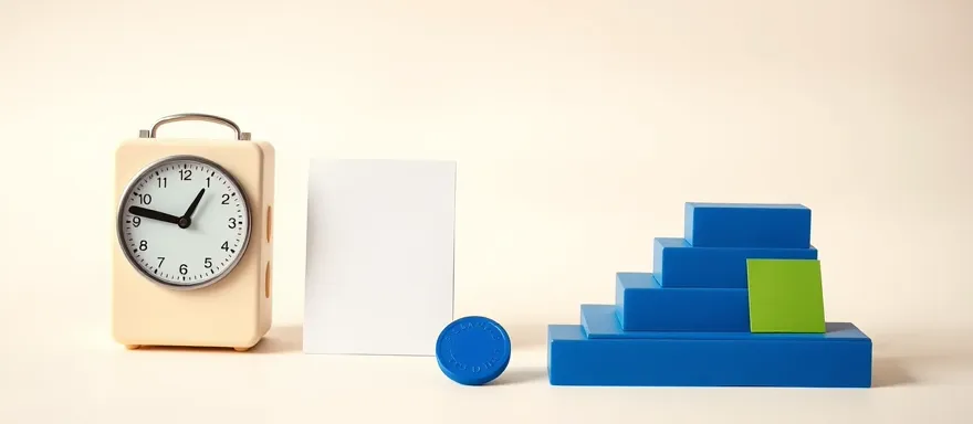 Cream punch clock, blank time card, one set-aside break token, and an ascending staircase of cobalt hour blocks
