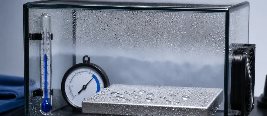 Glass climate chamber showing humidity instruments, condensation, and a cooled metal surface
