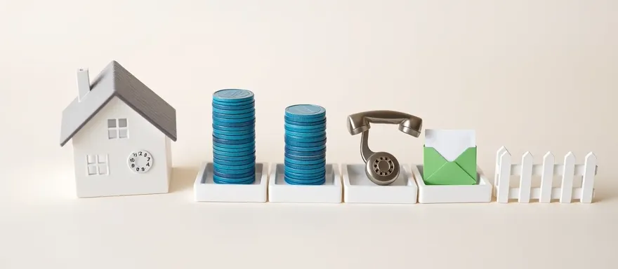 Miniature house beside trays holding cobalt coin stacks, a metal dial, documents, a green envelope, and a picket-fence piece