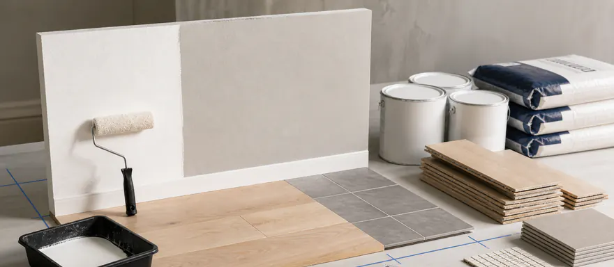 Measured wall, paint roller, flooring, tile, and counted finish-material packs