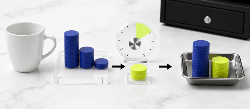 Subtotal tokens passing through a tax-rate dial into a final checkout tray