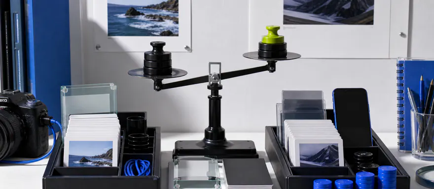 Two photography workflow trays balanced by catalog, tethering, mobile, layer, and cost weights