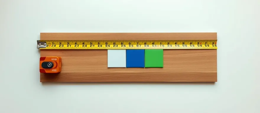 Tape measure stretched across a wooden floor plank with white, cobalt, and green measured tile squares