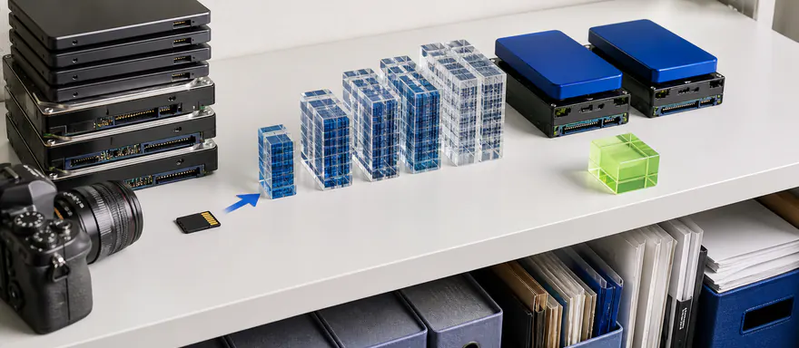 Memory card feeding growing data blocks into primary and mirrored backup drive stacks