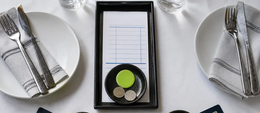 Restaurant bill, tip tray, coins, and two equal diner shares arranged on a table