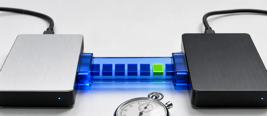 Two external drives joined by a data bridge with moving blocks and a stopwatch