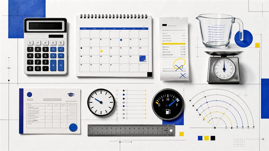 Editorial arrangement of calculators, calendar, receipt, measuring cup, scale, clock, fuel gauge, and ruler