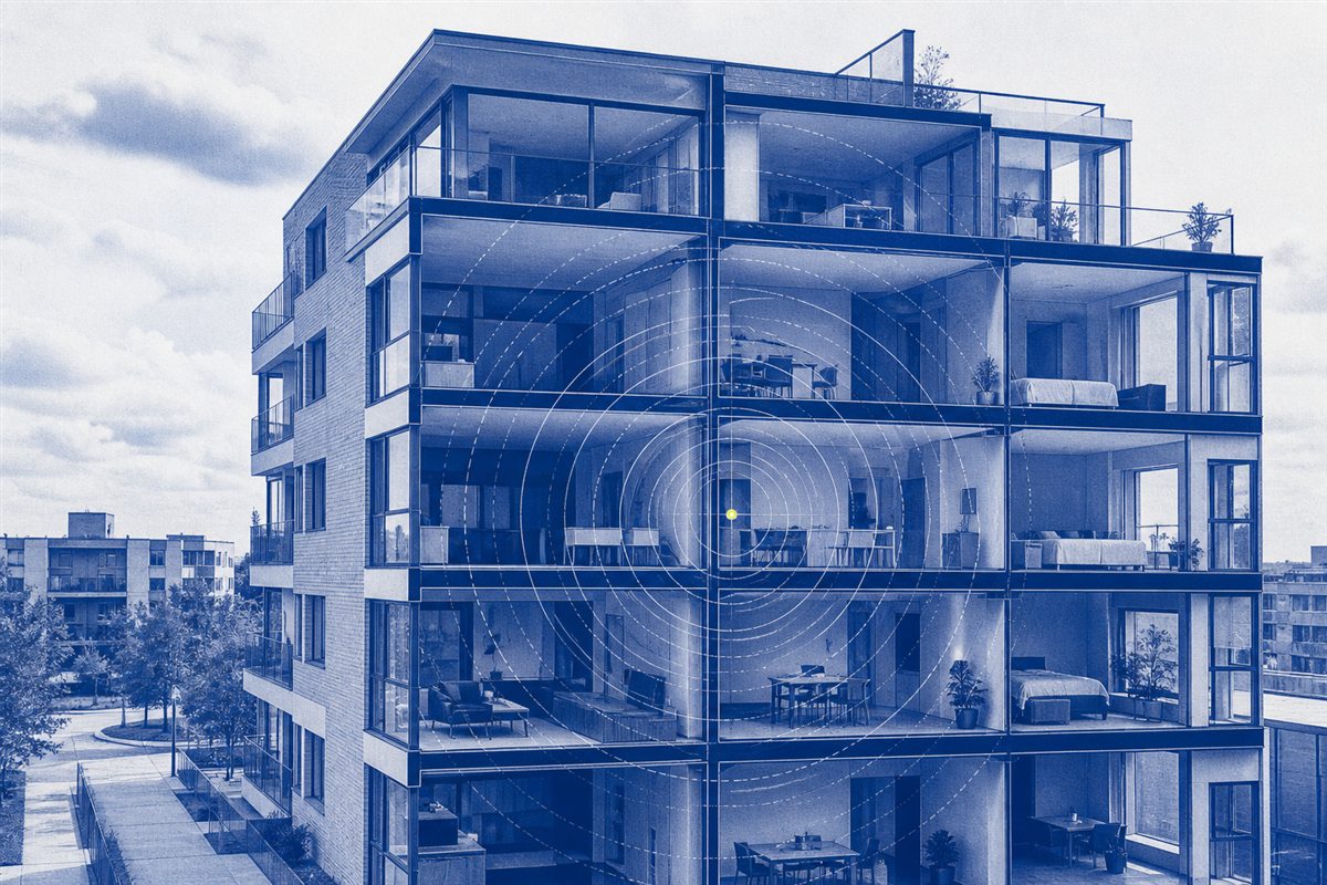 Apartment building cutaway with Wi-Fi coverage rings passing through rooms