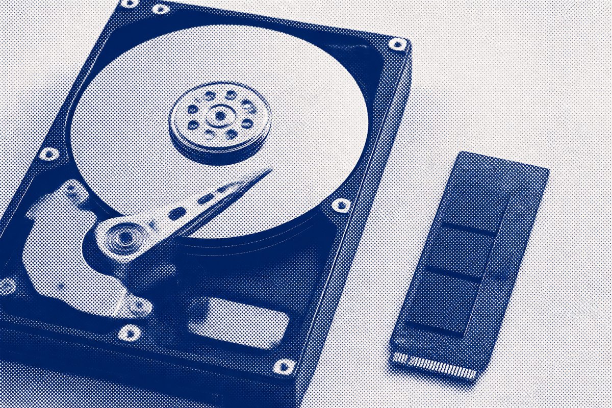 Open hard drive and solid-state storage module shown as technical specimens